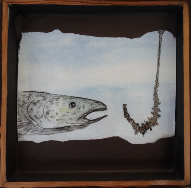 ramme med akvarel af fisk med fiskekrog
